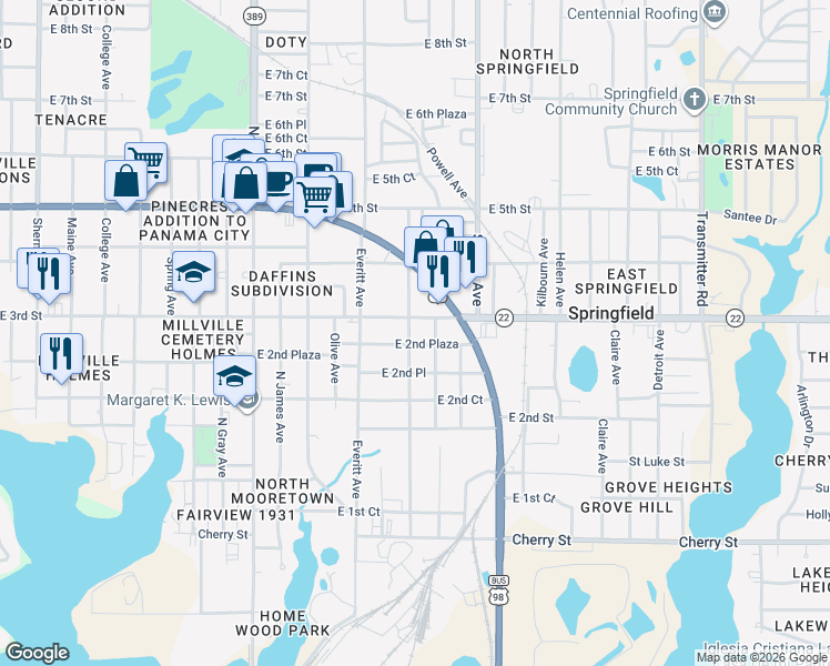 map of restaurants, bars, coffee shops, grocery stores, and more near 3208 East 3rd Street in Panama City