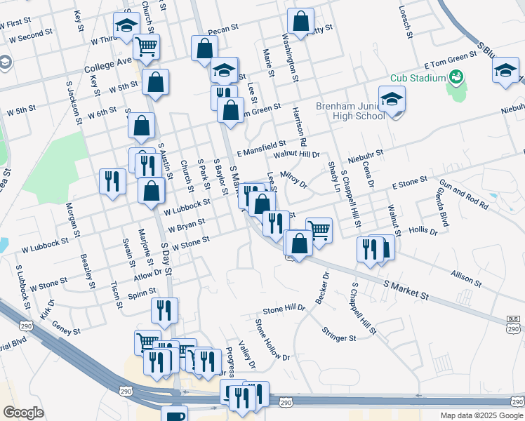 map of restaurants, bars, coffee shops, grocery stores, and more near 1809 South Market Street in Brenham