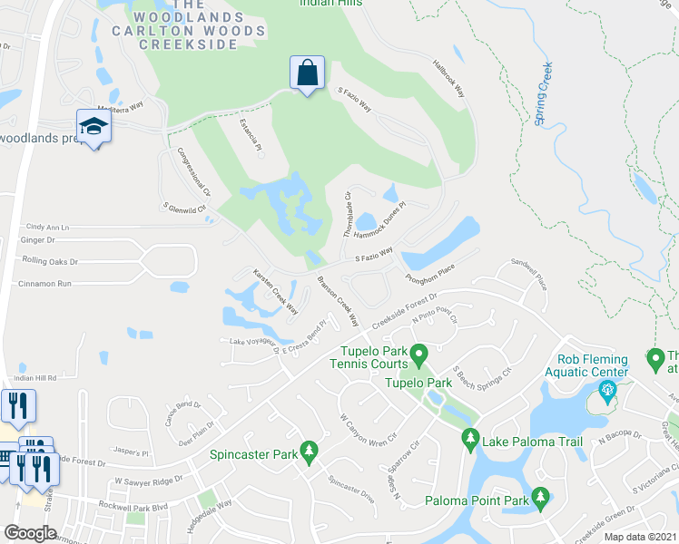 map of restaurants, bars, coffee shops, grocery stores, and more near 26 North Badger Lodge Circle in Spring