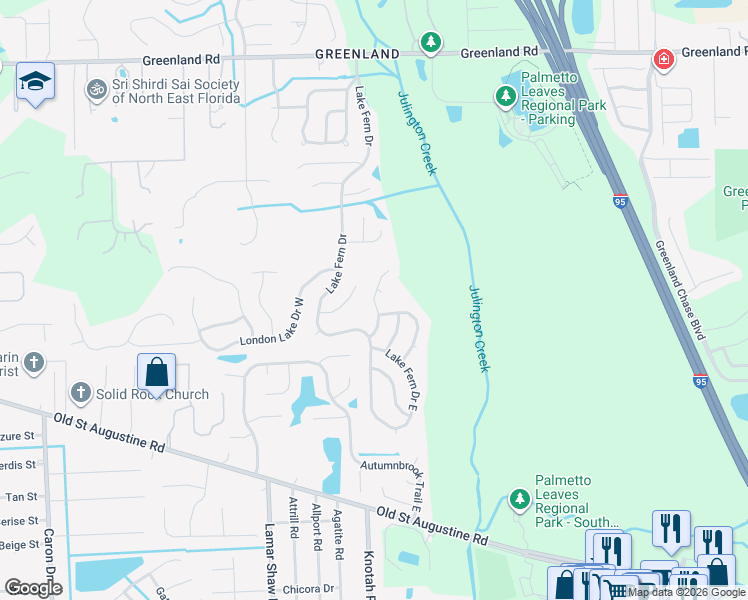 map of restaurants, bars, coffee shops, grocery stores, and more near 12041 Brandon Lake Drive in Jacksonville