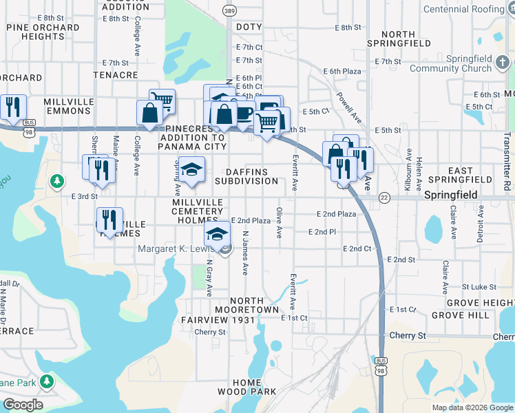 map of restaurants, bars, coffee shops, grocery stores, and more near 240 Kraft Avenue in Panama City