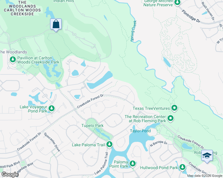 map of restaurants, bars, coffee shops, grocery stores, and more near 15 Pronghorn Place in Spring