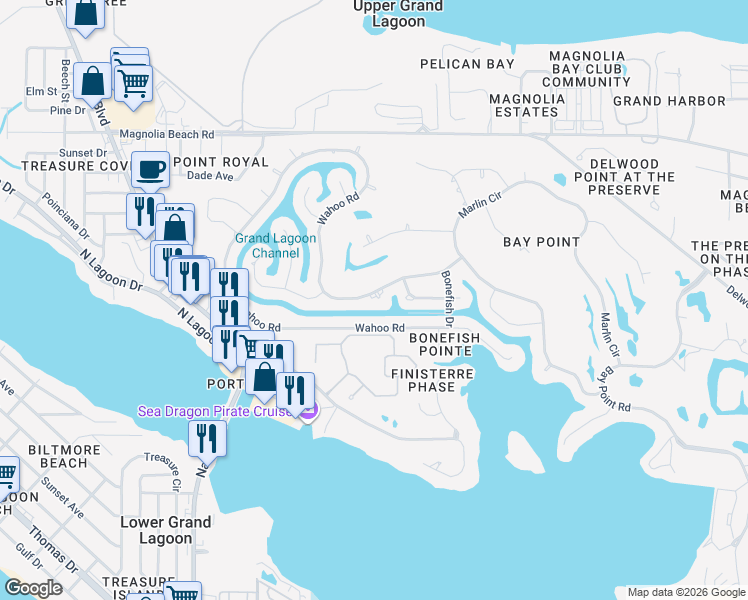 map of restaurants, bars, coffee shops, grocery stores, and more near 319 Wahoo Road in Panama City Beach
