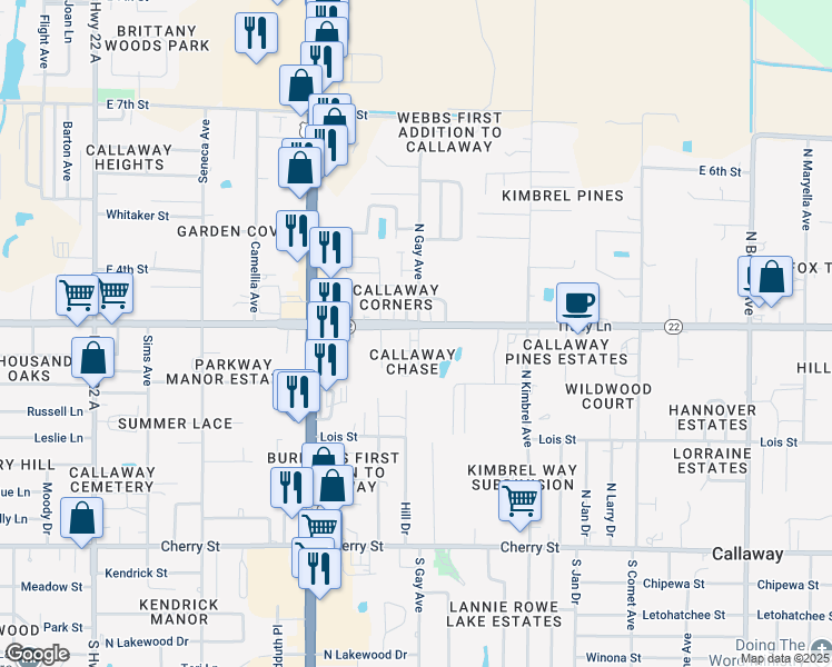 map of restaurants, bars, coffee shops, grocery stores, and more near 301 North Gay Avenue in Panama City