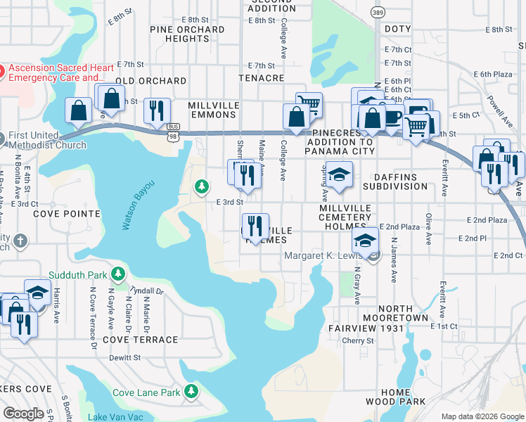 map of restaurants, bars, coffee shops, grocery stores, and more near 2200 East 3rd Street in Panama City