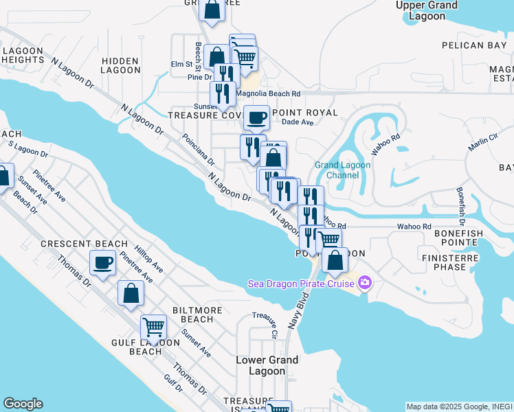 map of restaurants, bars, coffee shops, grocery stores, and more near 6202 North Lagoon Drive in Panama City Beach