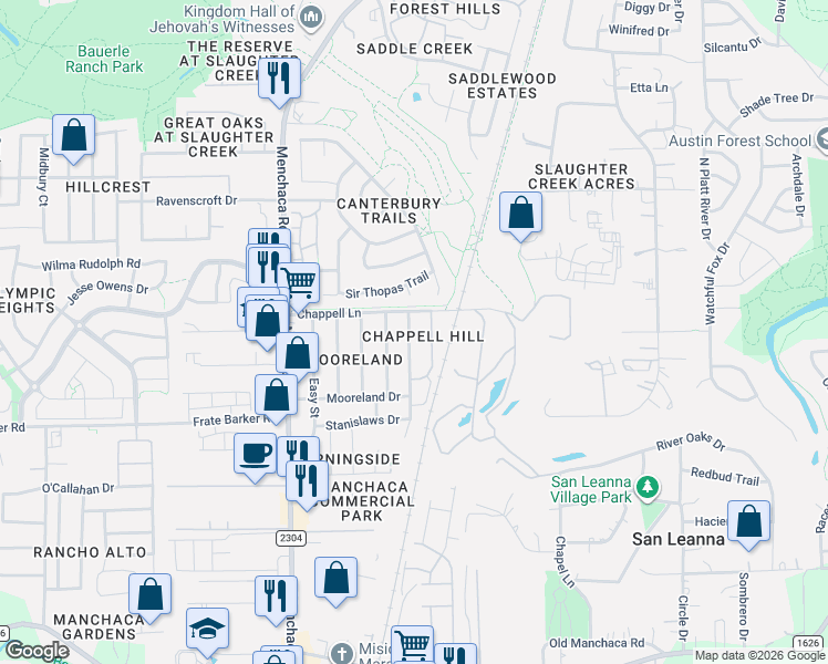map of restaurants, bars, coffee shops, grocery stores, and more near 11305 Robert Wooding Drive in Austin