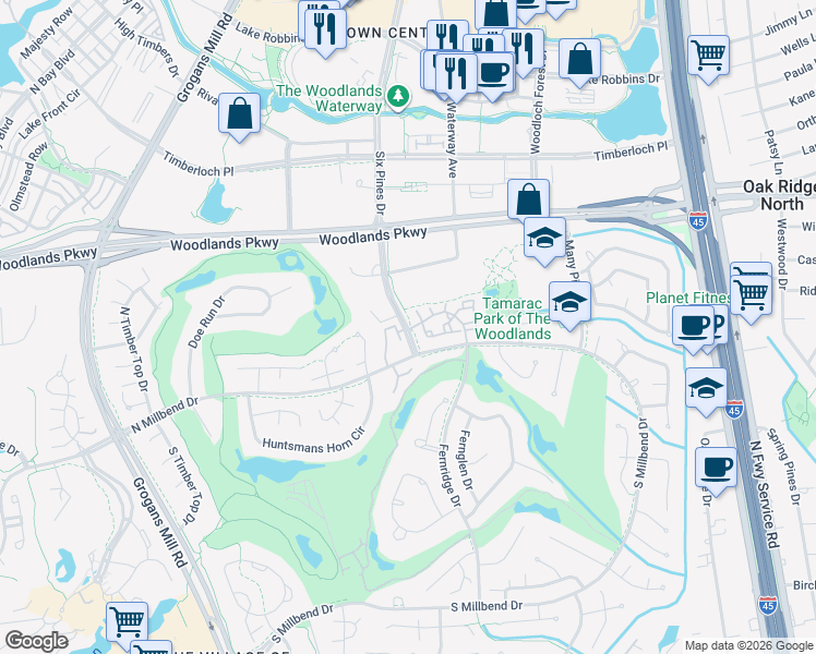 map of restaurants, bars, coffee shops, grocery stores, and more near 10710 Six Pines Drive in The Woodlands