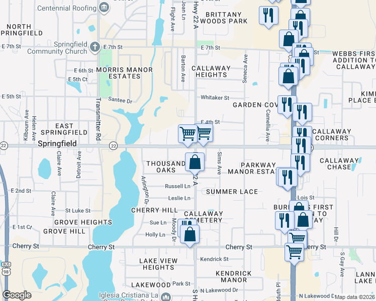map of restaurants, bars, coffee shops, grocery stores, and more near 4900 Wewa Highway in Callaway