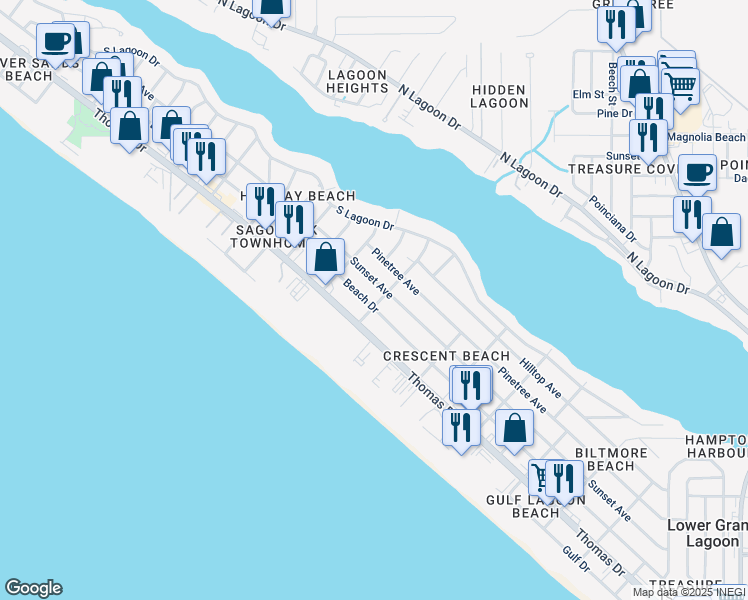 map of restaurants, bars, coffee shops, grocery stores, and more near 6402 Beach Drive in Panama City