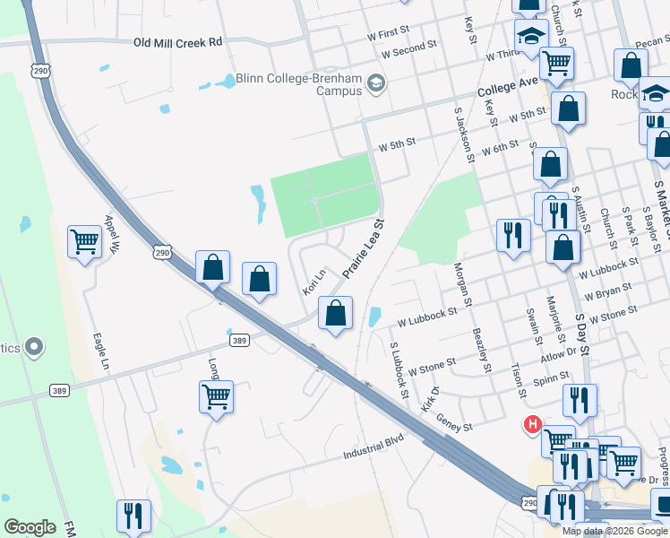 map of restaurants, bars, coffee shops, grocery stores, and more near 1114 Prairie Lea Street in Brenham