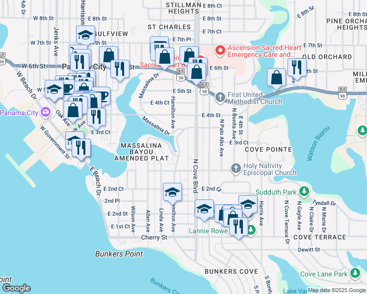 map of restaurants, bars, coffee shops, grocery stores, and more near 320 Massalina Dr in Panama City