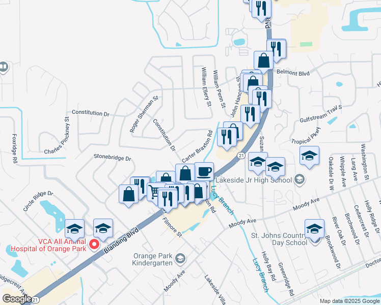 map of restaurants, bars, coffee shops, grocery stores, and more near 2207 John Morton Road in Orange Park