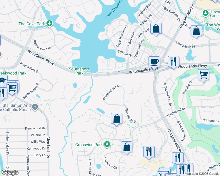 map of restaurants, bars, coffee shops, grocery stores, and more near 2901 East Wildwind Circle in Spring