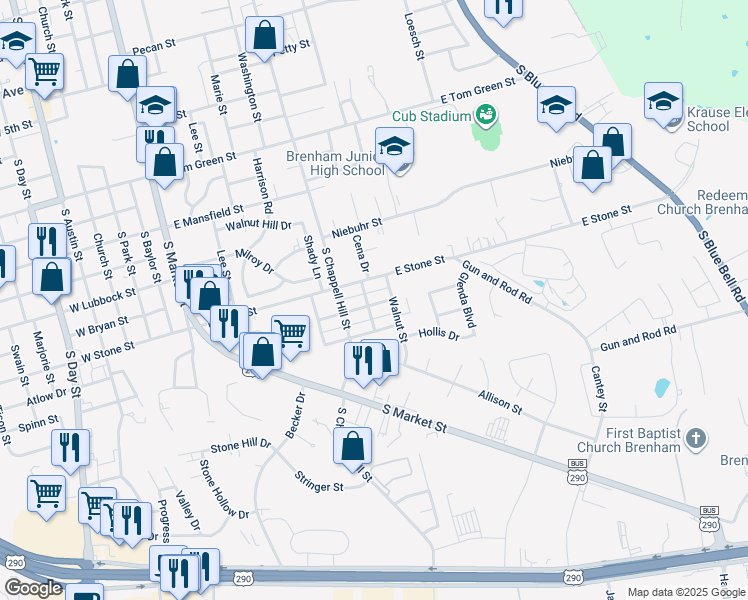 map of restaurants, bars, coffee shops, grocery stores, and more near 1003 Rhames Avenue in Brenham