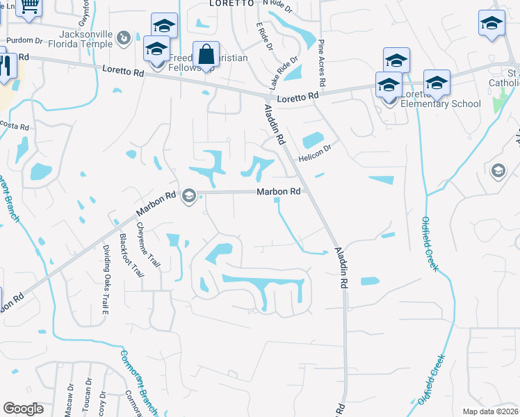 map of restaurants, bars, coffee shops, grocery stores, and more near 3718 Marbon Road in Jacksonville