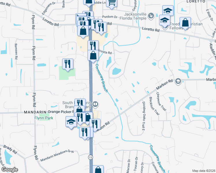 map of restaurants, bars, coffee shops, grocery stores, and more near 11950 Swooping Willow Road in Jacksonville