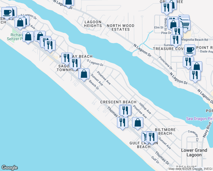 map of restaurants, bars, coffee shops, grocery stores, and more near 6318 Sunset Avenue in Panama City