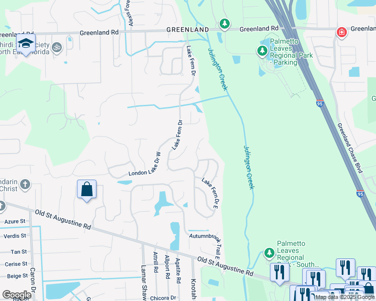 map of restaurants, bars, coffee shops, grocery stores, and more near 5662 Baxter Lake Drive in Jacksonville