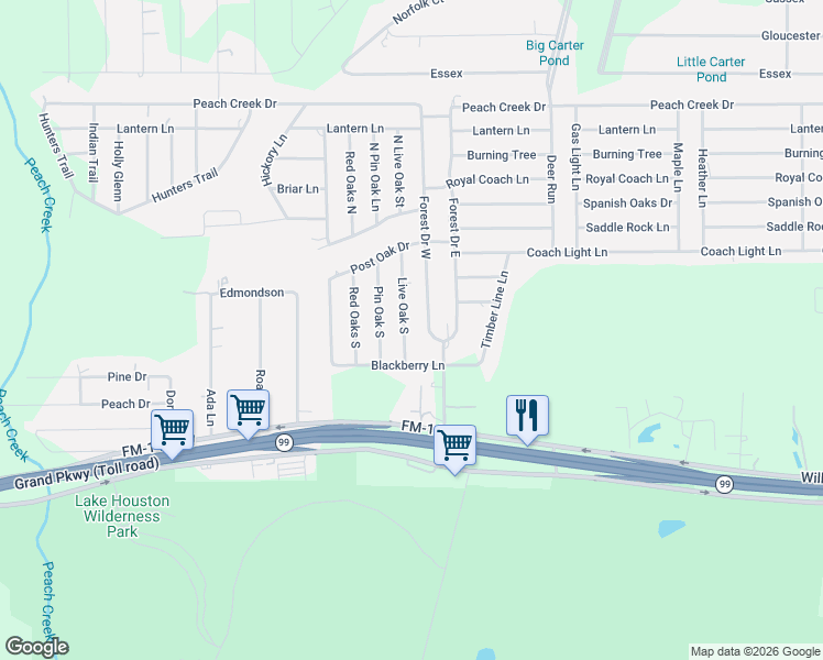 map of restaurants, bars, coffee shops, grocery stores, and more near 20115 Live Oak South in New Caney