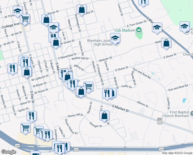map of restaurants, bars, coffee shops, grocery stores, and more near 806 East Stone Street in Brenham
