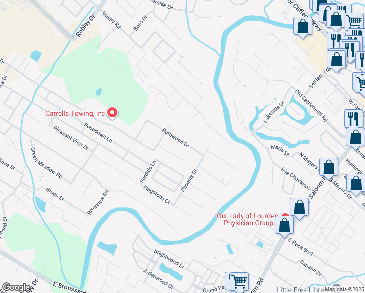 map of restaurants, bars, coffee shops, grocery stores, and more near 206 Ruthwood Drive in Lafayette