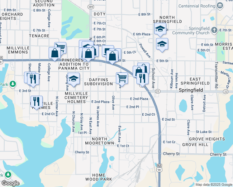 map of restaurants, bars, coffee shops, grocery stores, and more near 265 Everitt Avenue in Panama City