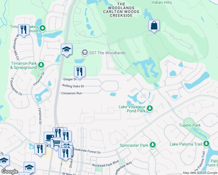 map of restaurants, bars, coffee shops, grocery stores, and more near 8123 Rolling Oaks Drive North in Spring