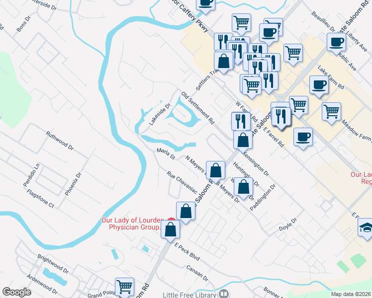 map of restaurants, bars, coffee shops, grocery stores, and more near 117 Marla Street in Lafayette