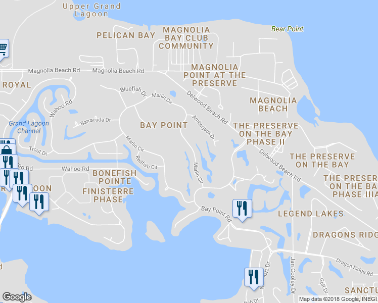 map of restaurants, bars, coffee shops, grocery stores, and more near 125 Marlin Circle in Panama City