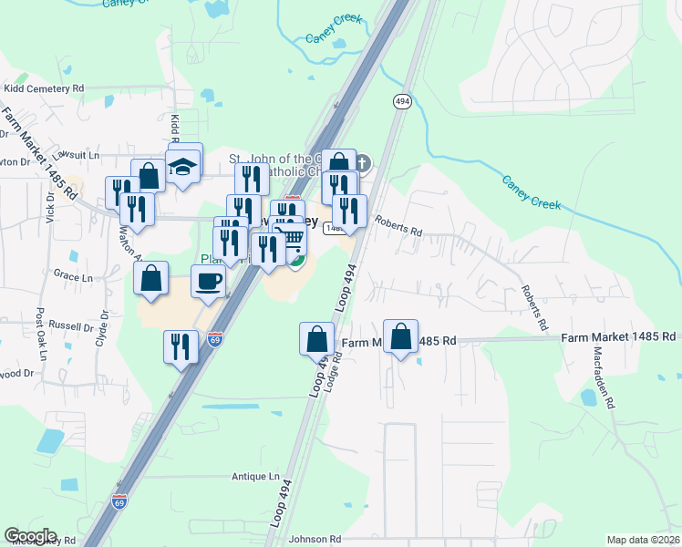 map of restaurants, bars, coffee shops, grocery stores, and more near 20850 Farm to Market 1485 in New Caney