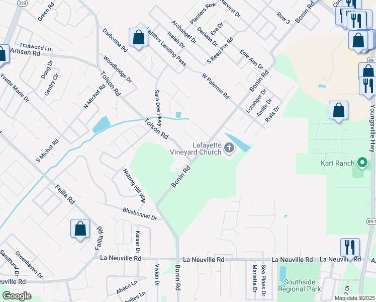 map of restaurants, bars, coffee shops, grocery stores, and more near 1145 Tolson Road in Lafayette