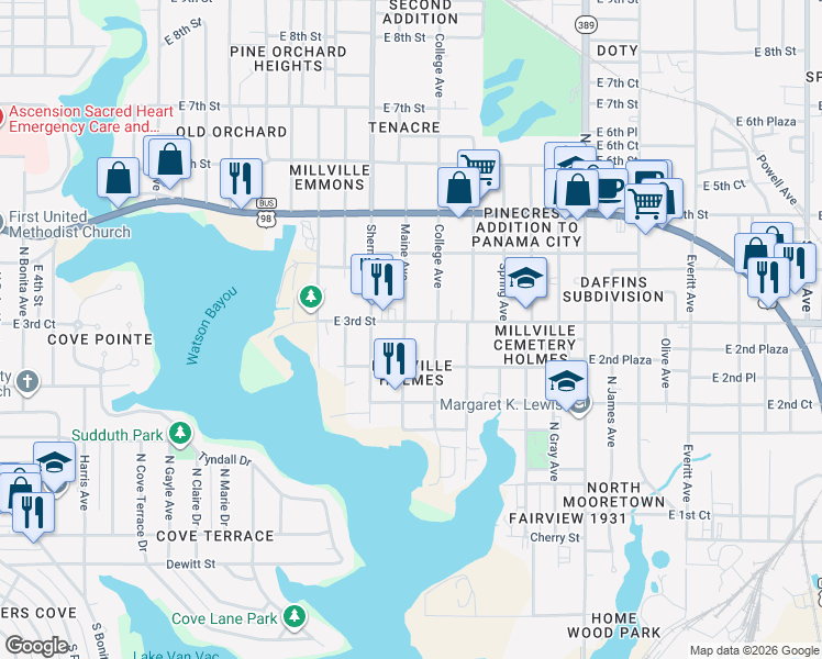map of restaurants, bars, coffee shops, grocery stores, and more near 2200 East 3rd Street in Panama City