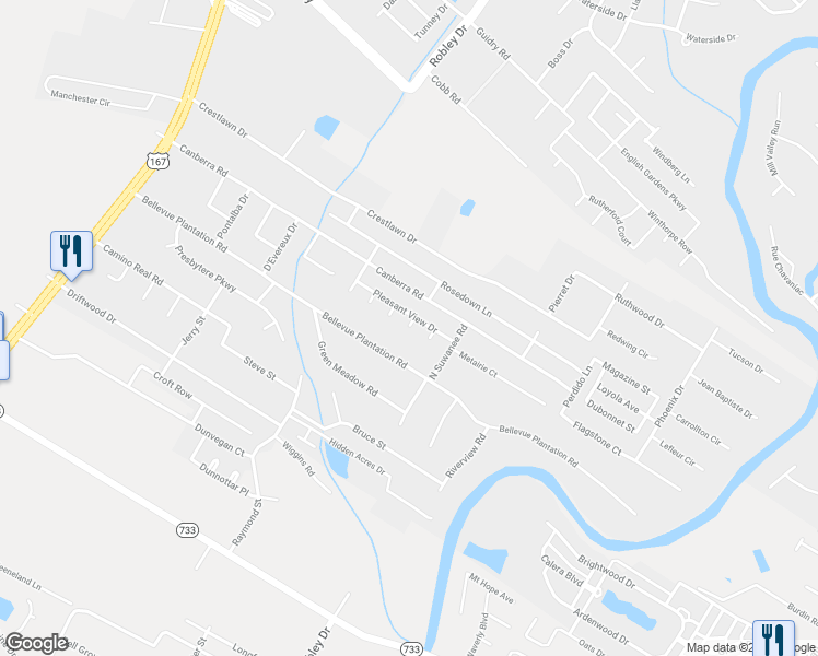 map of restaurants, bars, coffee shops, grocery stores, and more near 199 Ellerslie Court in Lafayette