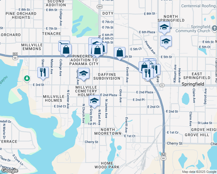 map of restaurants, bars, coffee shops, grocery stores, and more near 2716 East 3rd Street in Panama City