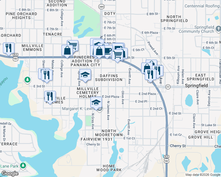 map of restaurants, bars, coffee shops, grocery stores, and more near 2716 East 3rd Street in Panama City