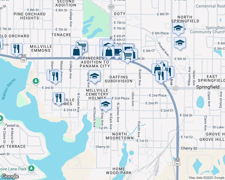 map of restaurants, bars, coffee shops, grocery stores, and more near 2716 East 3rd Street in Panama City