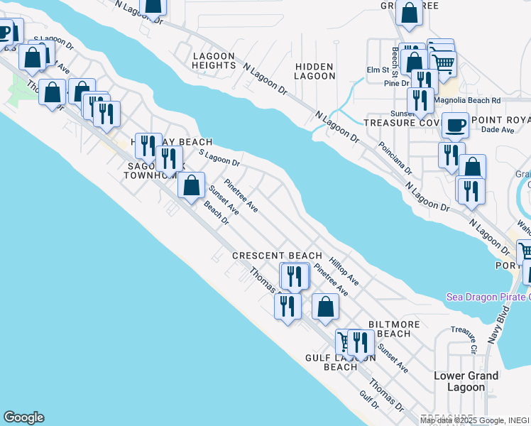 map of restaurants, bars, coffee shops, grocery stores, and more near 6229 Hilltop Avenue in Panama City
