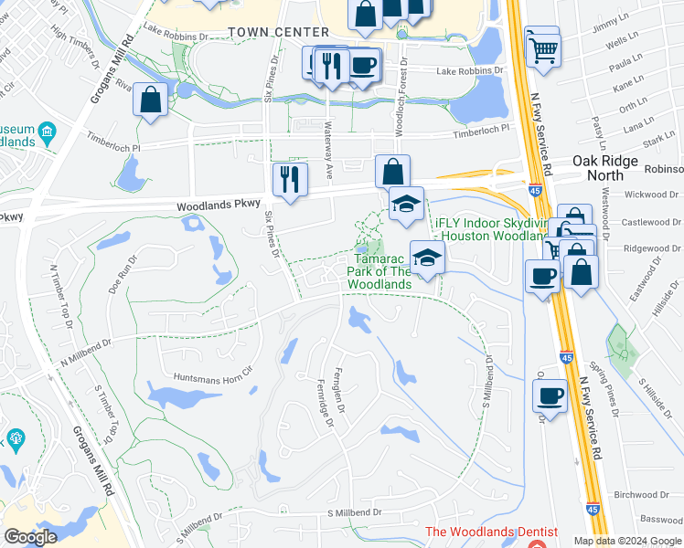 map of restaurants, bars, coffee shops, grocery stores, and more near 10600 Six Pines Drive in Spring
