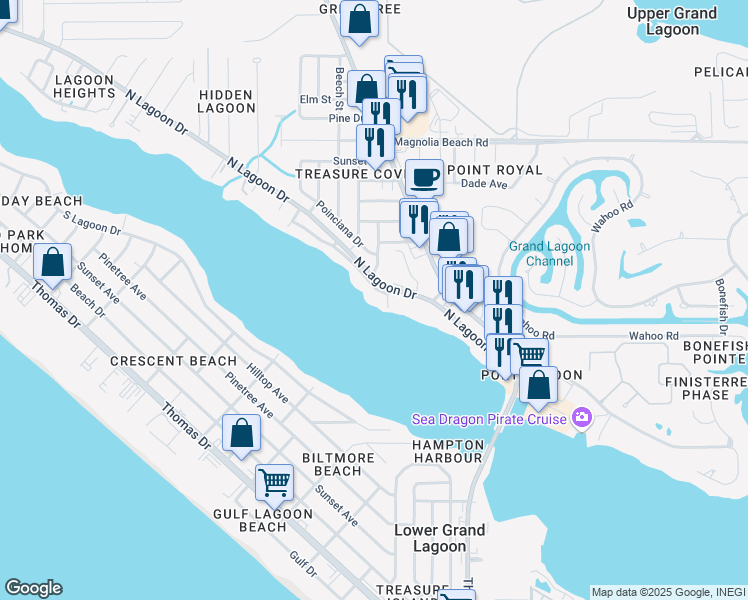 map of restaurants, bars, coffee shops, grocery stores, and more near 6205 Palm Court in Panama City Beach