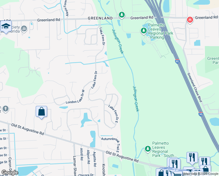 map of restaurants, bars, coffee shops, grocery stores, and more near 5717 Brandon Lake Court in Jacksonville