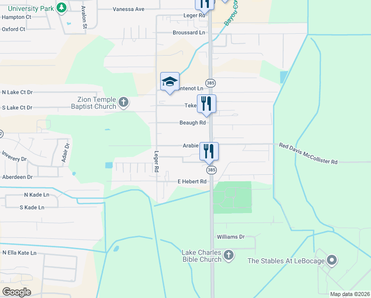 map of restaurants, bars, coffee shops, grocery stores, and more near 412 Arabie Rd in Lake Charles
