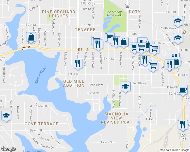 map of restaurants, bars, coffee shops, grocery stores, and more near 232 College Avenue in Panama City