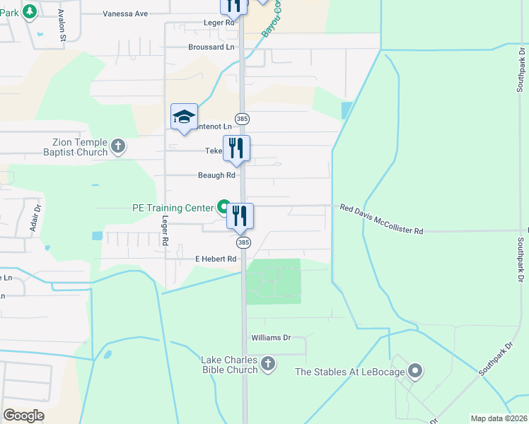 map of restaurants, bars, coffee shops, grocery stores, and more near Red Davis-Mccallister Road in Lake Charles