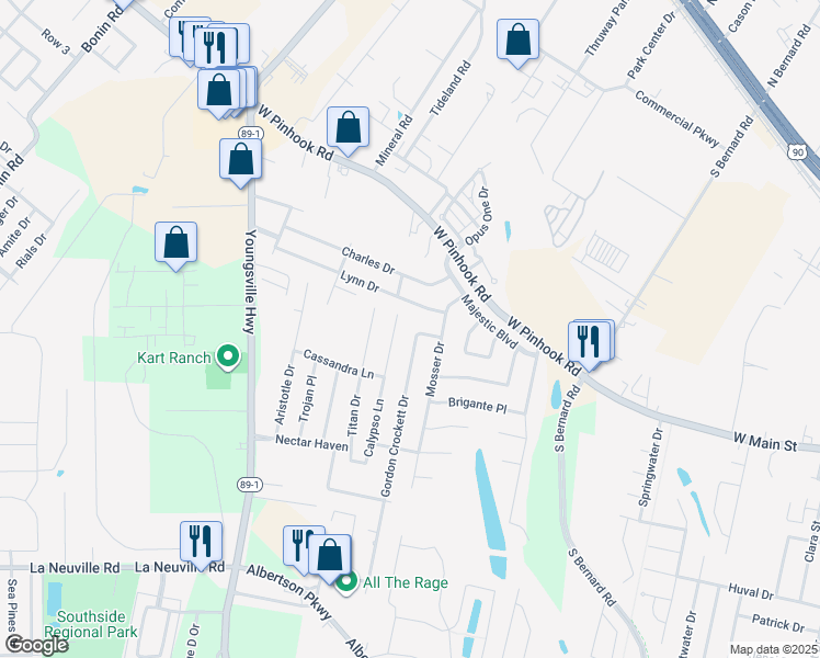 map of restaurants, bars, coffee shops, grocery stores, and more near 116 Gordon Crockett Drive in Lafayette