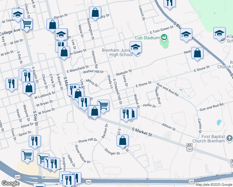 map of restaurants, bars, coffee shops, grocery stores, and more near 806 East Stone Street in Brenham