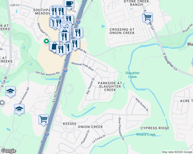 map of restaurants, bars, coffee shops, grocery stores, and more near 10109 Big Thicket Drive in Austin