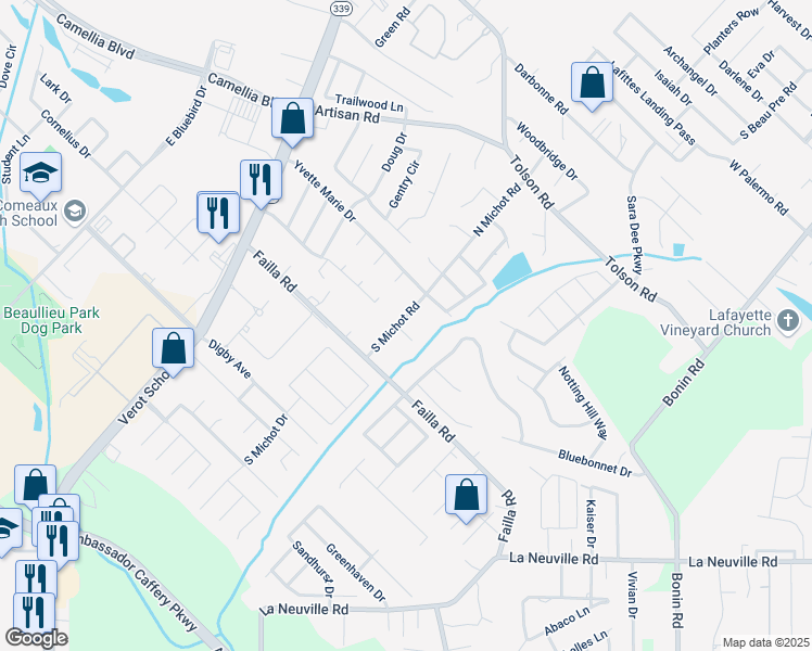 map of restaurants, bars, coffee shops, grocery stores, and more near 200 South Michot Road in Lafayette