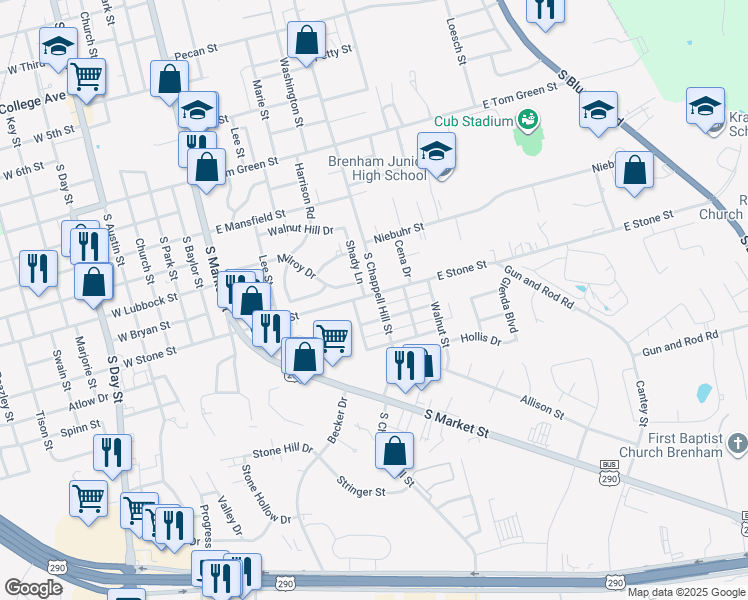 map of restaurants, bars, coffee shops, grocery stores, and more near 806 East Stone Street in Brenham
