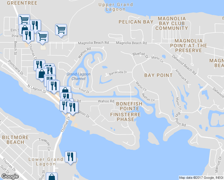 map of restaurants, bars, coffee shops, grocery stores, and more near 319 Wahoo Road in Panama City Beach